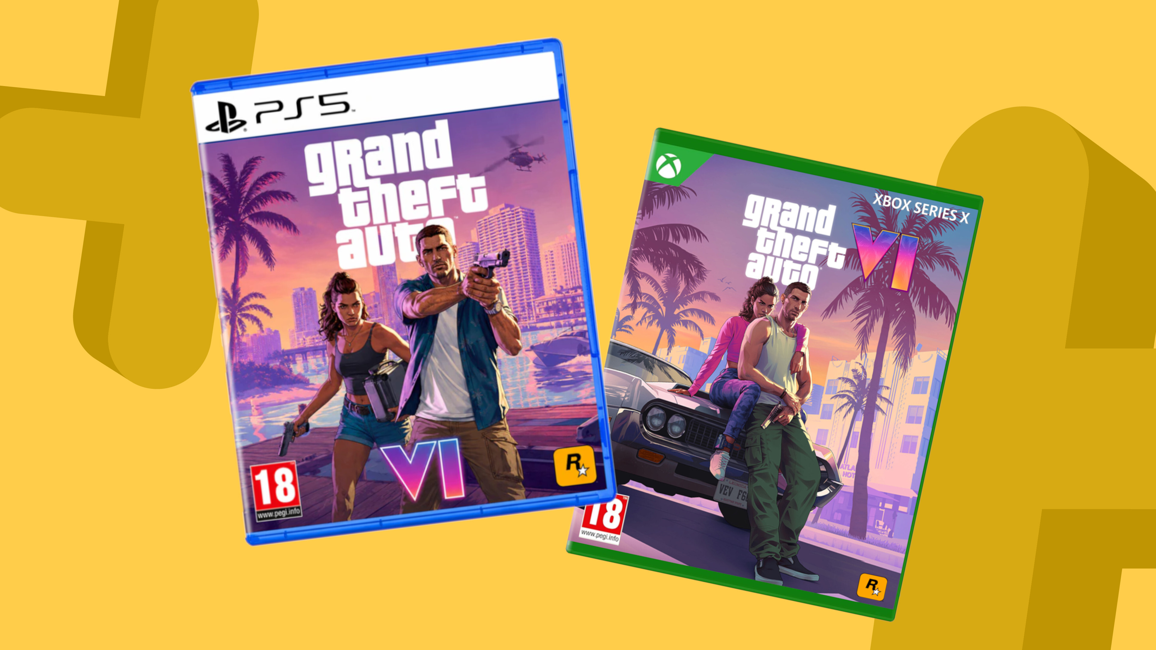Image of the GTA 6 on the PS5 and Xbox Series X with a yellow GamesRadar+ background.