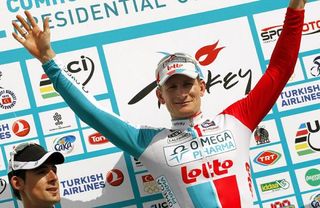 André Greipel (Omega Pharma - Lotto) celebrates his stage victory at the Tour of Turkey.