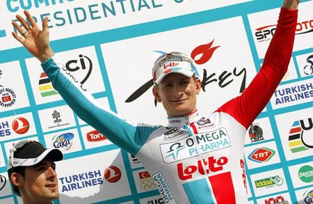 Andr&eacute; Greipel (Omega Pharma - Lotto) celebrates his stage victory at the Tour of Turkey.