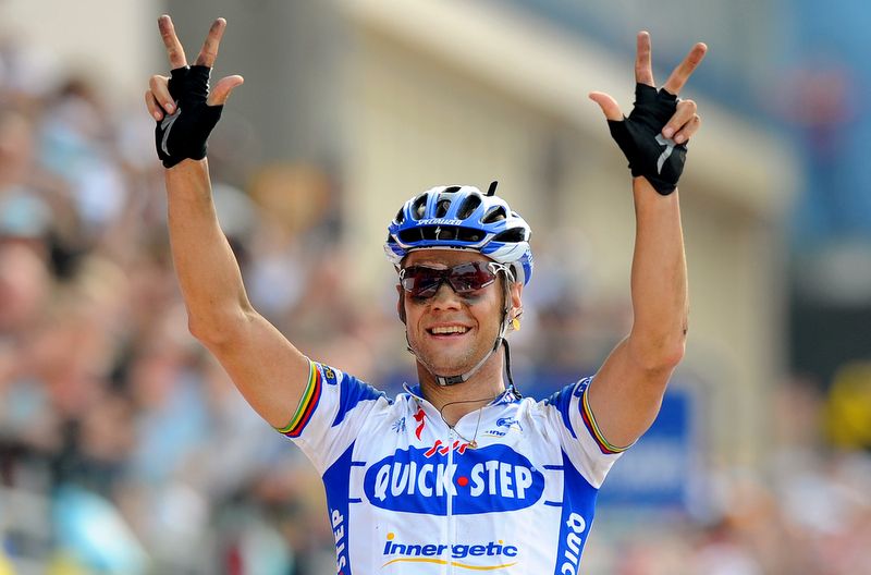 Tom Boonen celebrates his third Roubaix victory