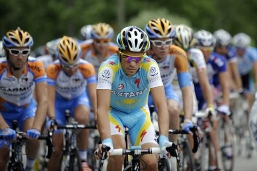 Alberto Contador rides in the peloton on stage 5 of the Dauphine.