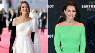 Kate Middleton wearing a one shoulder gown and a bardot gown on separate occasions