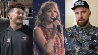 From left to right: Patrick Mahomes smiling in Quarterback, Taylor Swift singing into a mic during the Reputation tour and Travis Kelce in Kelce.