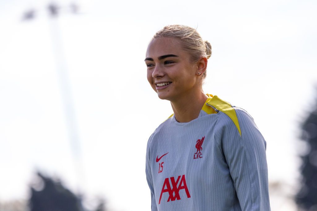 Sofie Lundgaard of Liverpool during a training session at AXA Melwood Training Centre on October 04, 2024 in Liverpool, England.