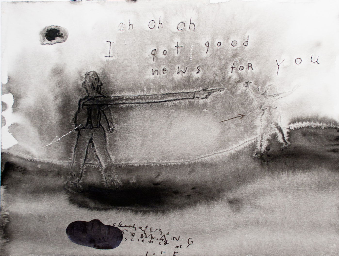 David Lynch drawn artwork of blurred figure pointing with extra-long arm