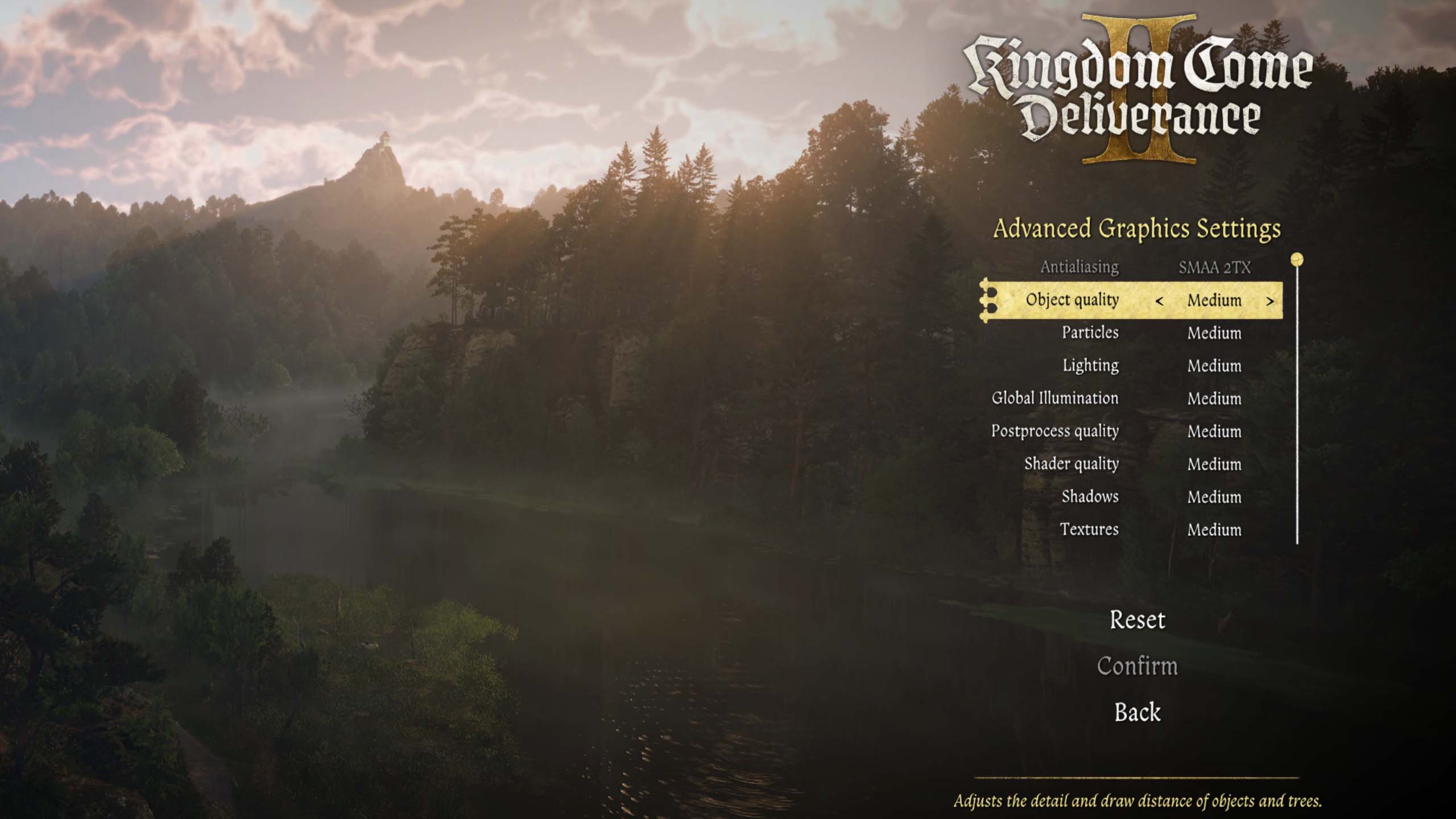 Screenshot of the Kingdom Come: Deliverance II advanced graphics settings menu.