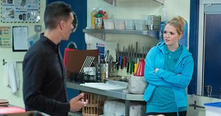 Abi is irritated by Steven’s optimism about his and Lauren’s relationship. Steven Beale, Abi Branning in Eastenders.