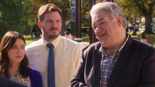 Aubrey Plaza, Chris Pratt and Jim O'Heir in Parks and Rec finale