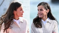 A composite of two pictures of Queen Letizia of Spain during her visit to Cofrad&iacute;a de Pescadores Santa Ana de Llanes which has been honoured as the 2026 Best Asturian Village