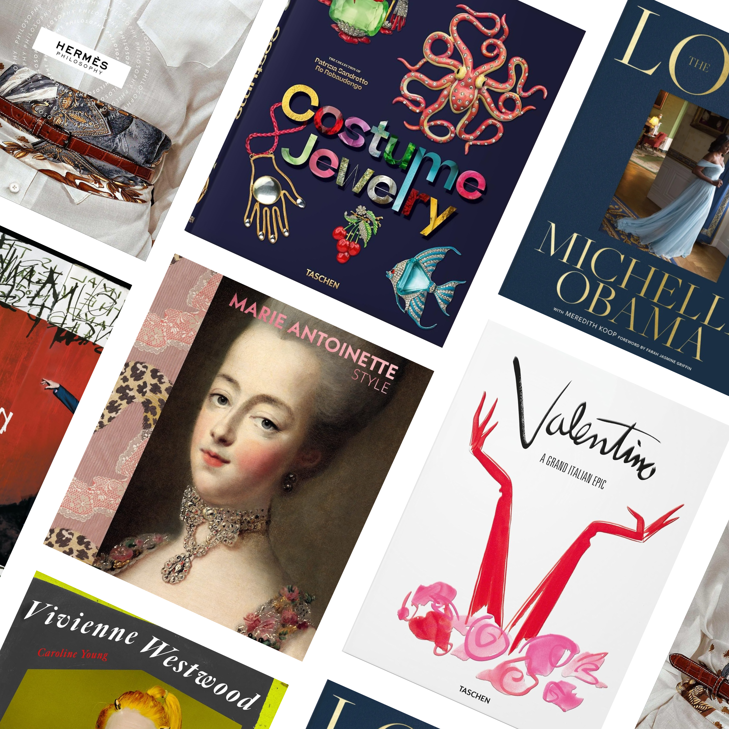 a collage of new coffee table books on fashion, art, film, and more