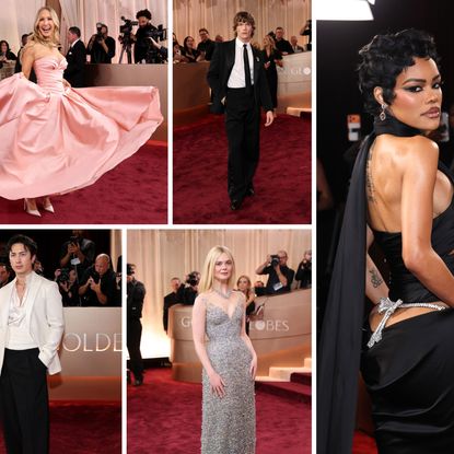 Nikki Glazer, Connor Storrie, Hudson Williams, Elle Fanning, Teyana Taylor at the 2026 golden globes red carpet