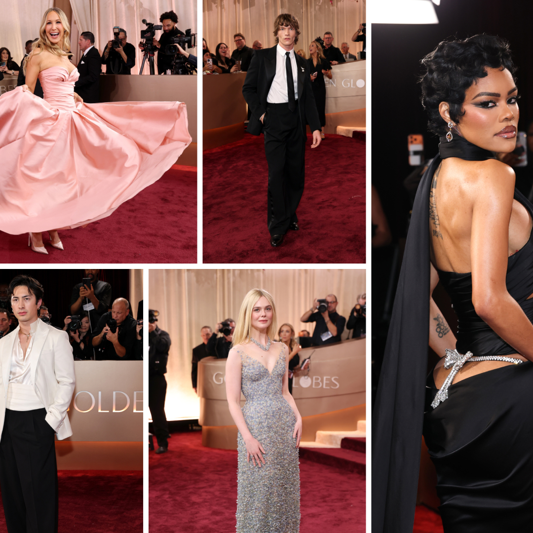 Nikki Glazer, Connor Storrie, Hudson Williams, Elle Fanning, Teyana Taylor at the 2026 golden globes red carpet