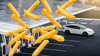 A Tesla Supercharger station with french fries raining down