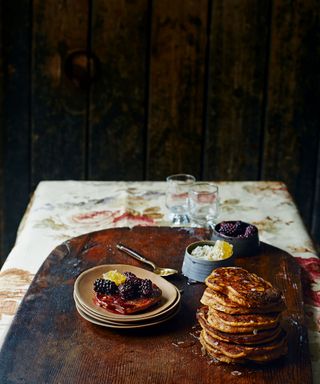 Winter squash hotcakes with blackberries and honeycomb