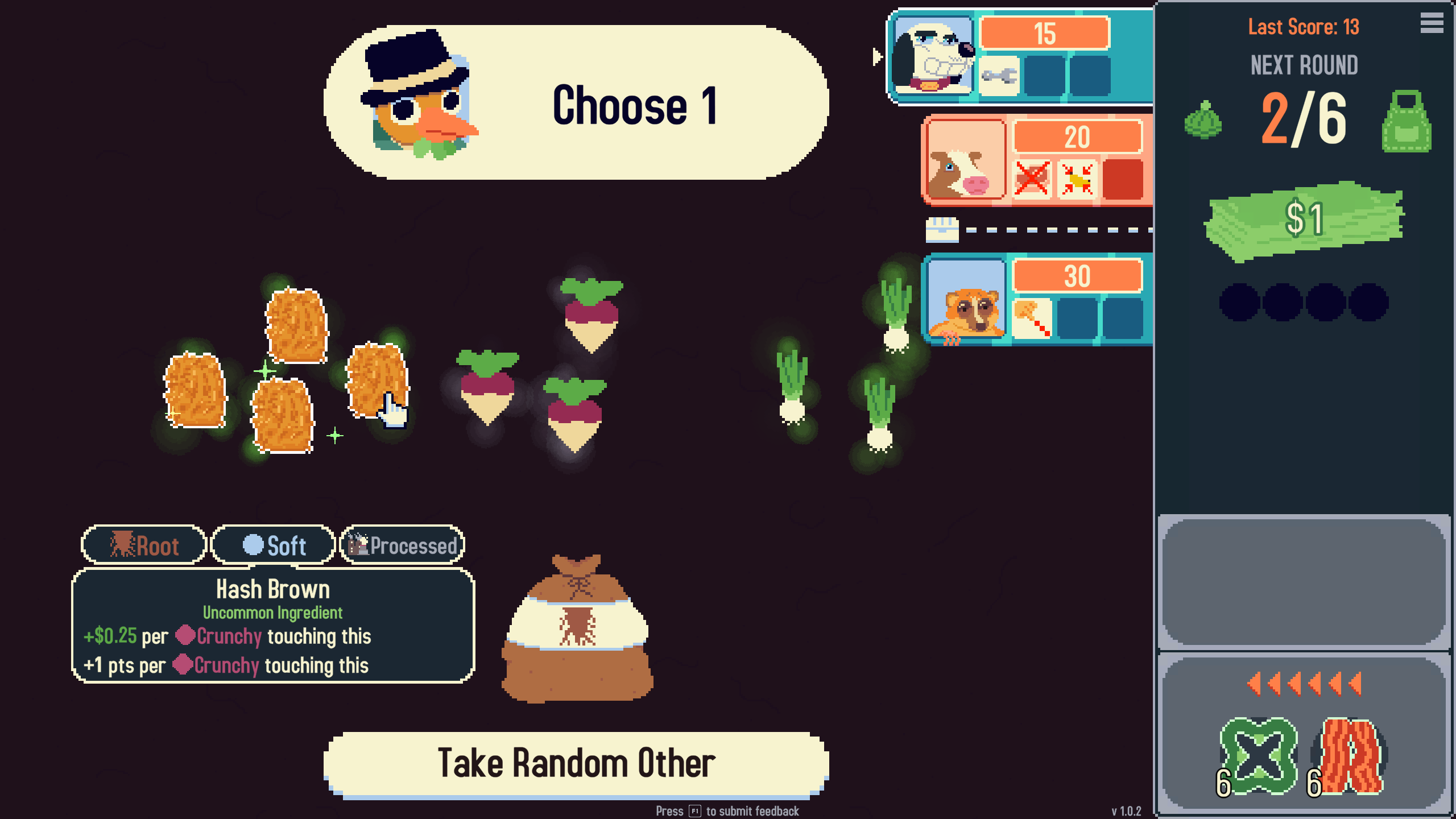 A player picking hash browns from three different ingredients.