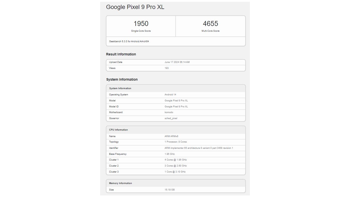 An early benchmark listing for the Pixel 9 Pro XL