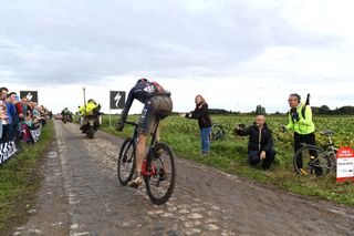 ROUBAIX FRANCE OCTOBER 03 Gianni Moscon of Italy and Team INEOS Grenadiers competes through cobblestones sector during the 118th ParisRoubaix 2021 Mens Eilte a 2577km race from Compigne to Roubaix ParisRoubaix on October 03 2021 in Roubaix France Photo by Tim de WaeleGetty Images