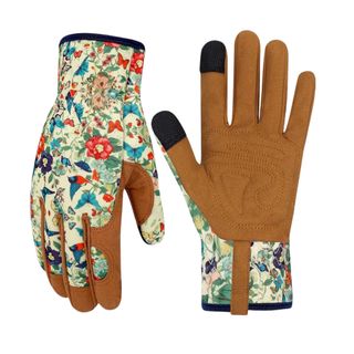 Floral gardening gloves with brown leather
