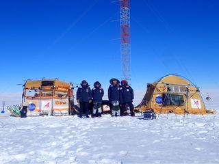 The four-person expedition, seen with their Inuit WindSled on the 12,500-foot-tall (3,810 meters) ice dome called Fuji Dome in Eastern Antarctica on Jan. 21, 2019.