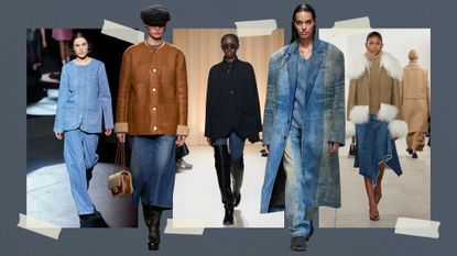 A collage of runway images featuring denim trends from the fall/winter 2024 collections.