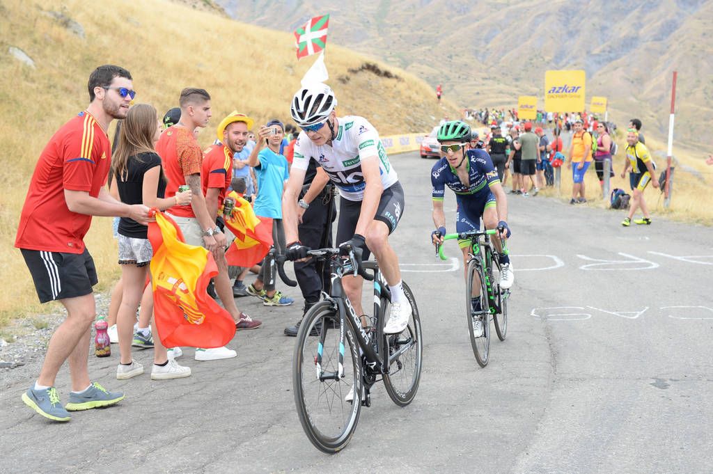 Chris Froome (Team Sky) approaches the finish line with Simon Yates on his wheel