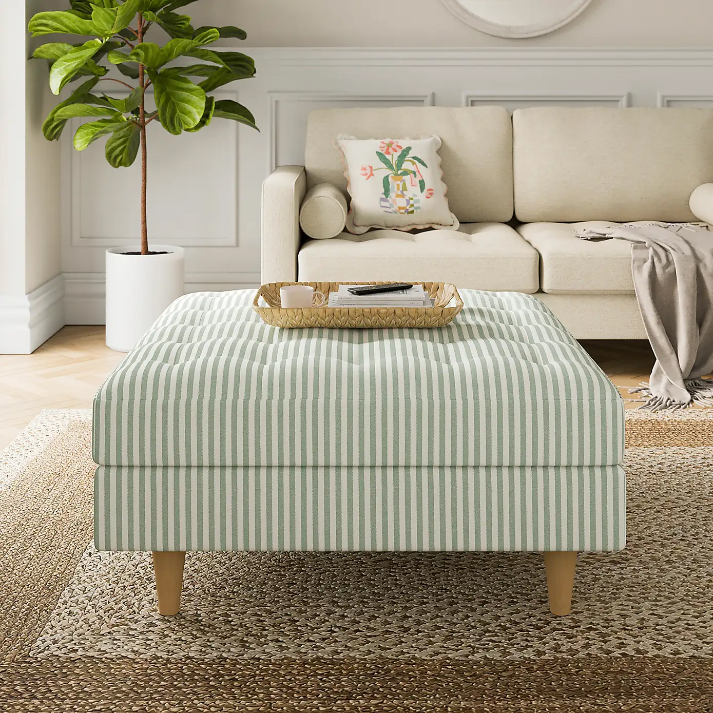 Dunelm, Zoe Pinstripe Fabric Square Storage Footstool