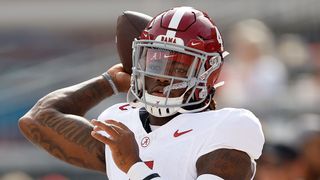 Jalen Milroe #4 of the Alabama Crimson Tide warms up ahead of the Alabama Crimson Tide vs Georgia Bulldogs: live stream 