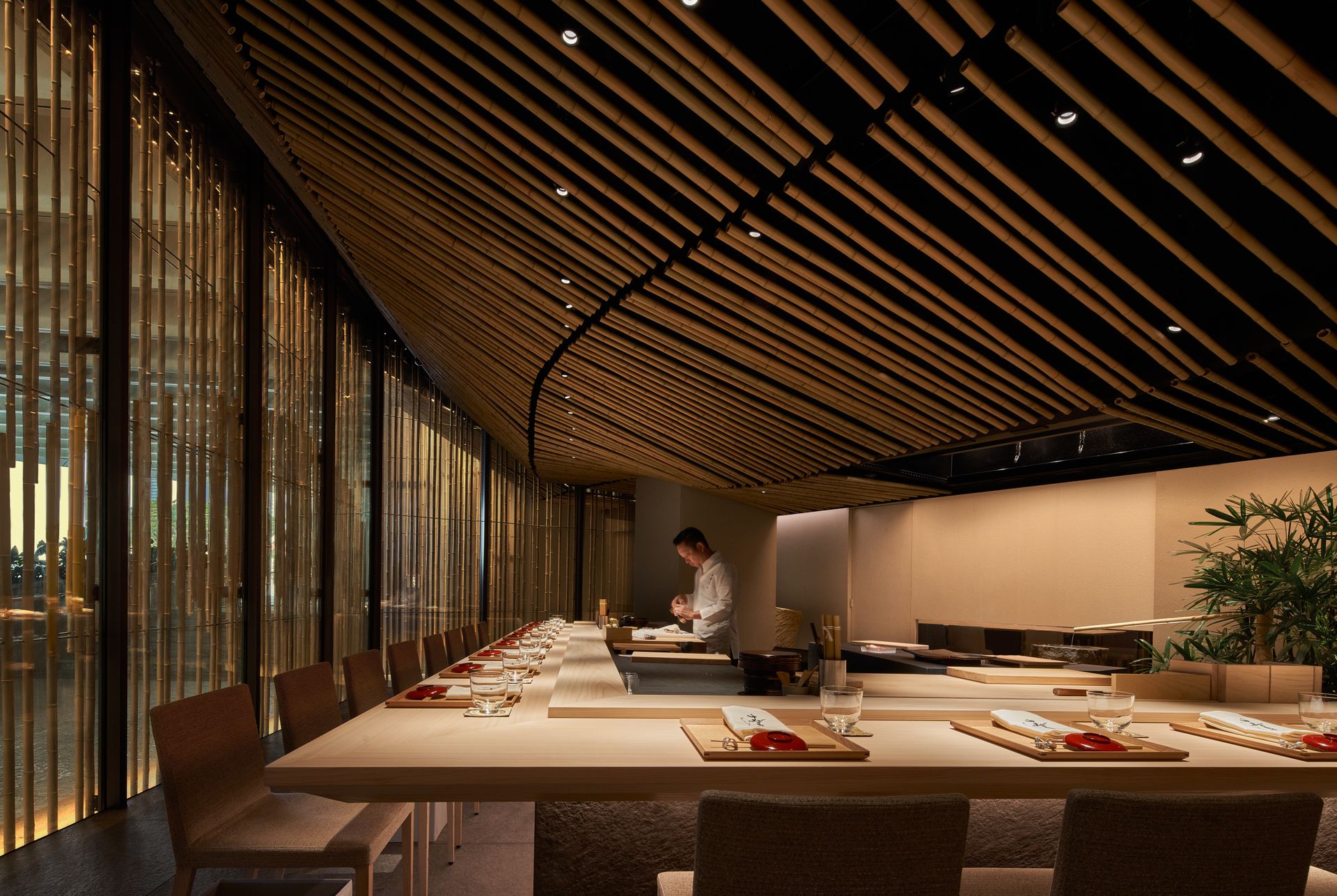 interior of dining area at Suzuki restaurant at Mondrian Singapore by Kengo Kuma