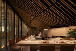 interior of dining area at Suzuki restaurant at Mondrian Singapore by Kengo Kuma