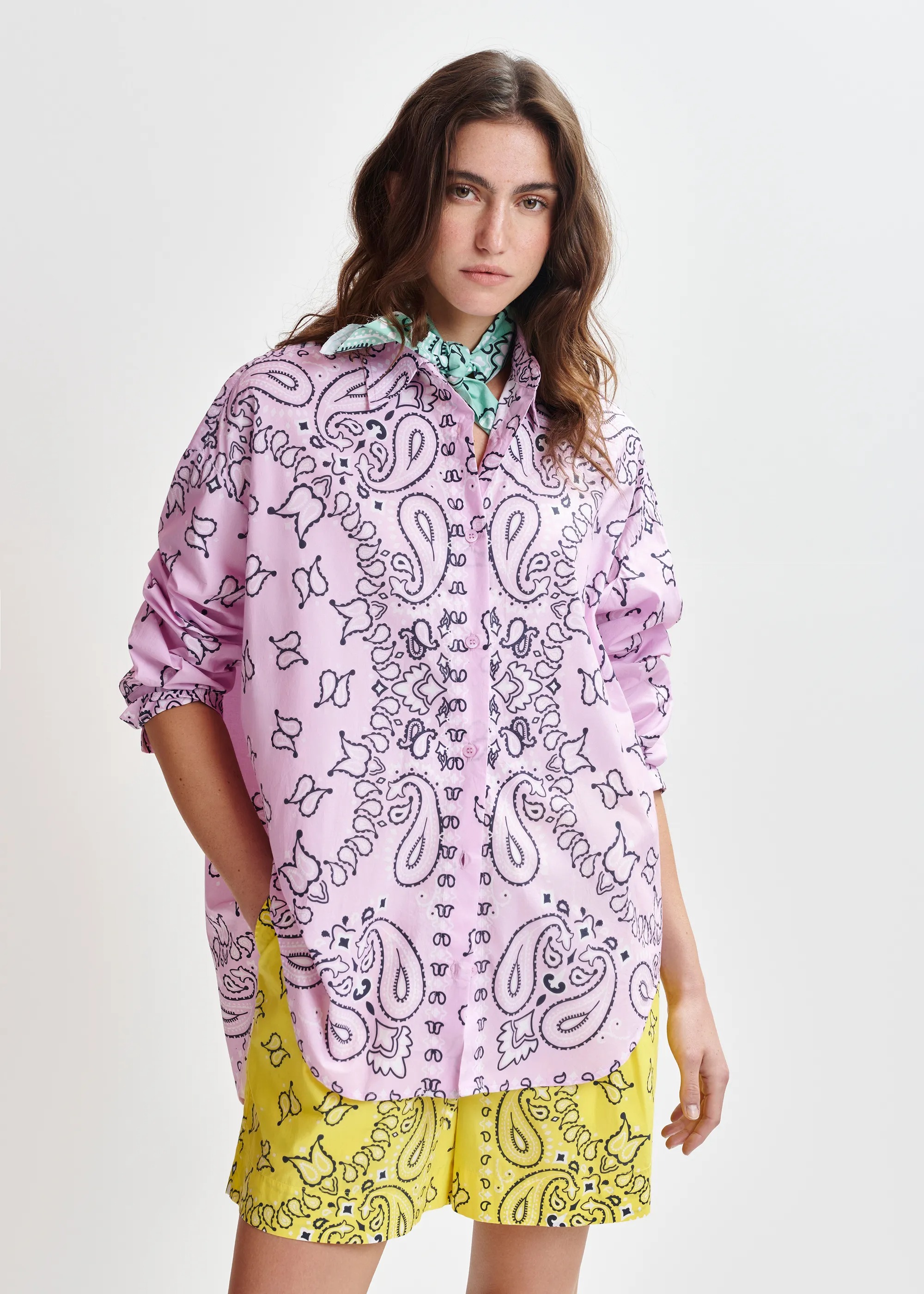 Essentiel, Lilac and Black Bandana Print Oversized Cotton Shirt