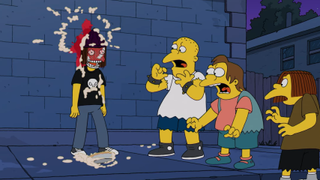Jimbo murdered by cream pie in The Simpsons