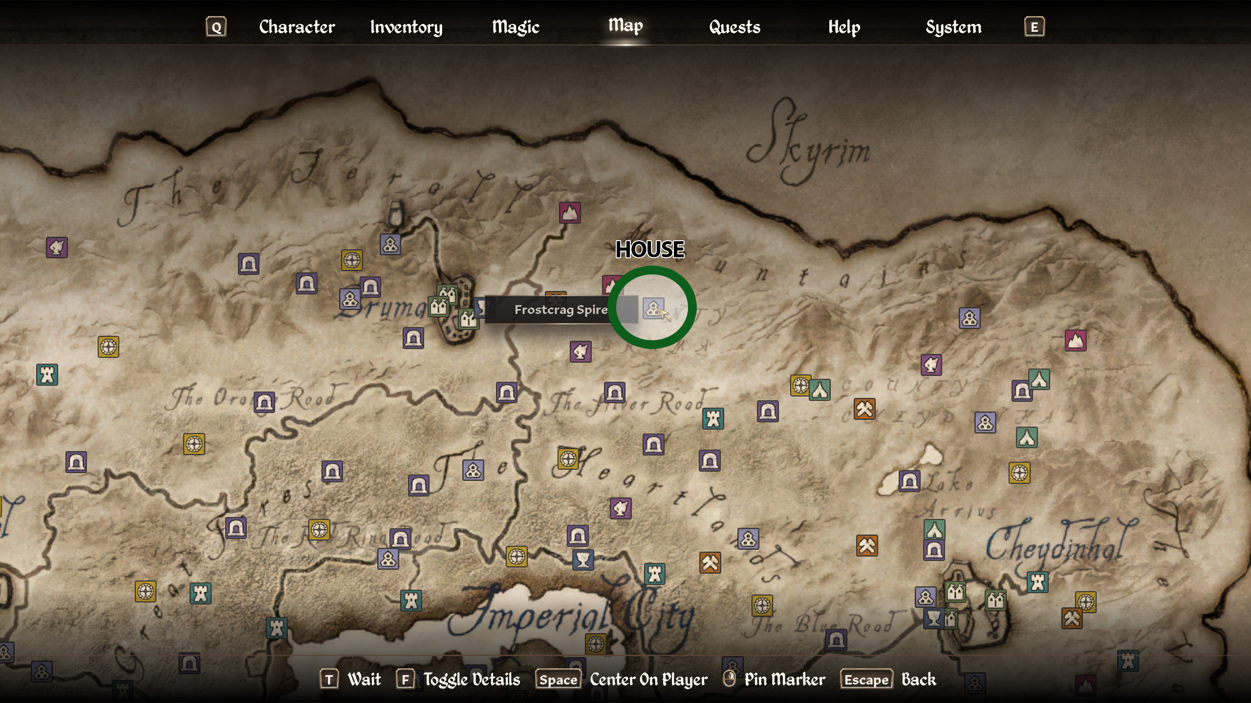 The Oblivion Remastered world map with Frostcrag's location circled.