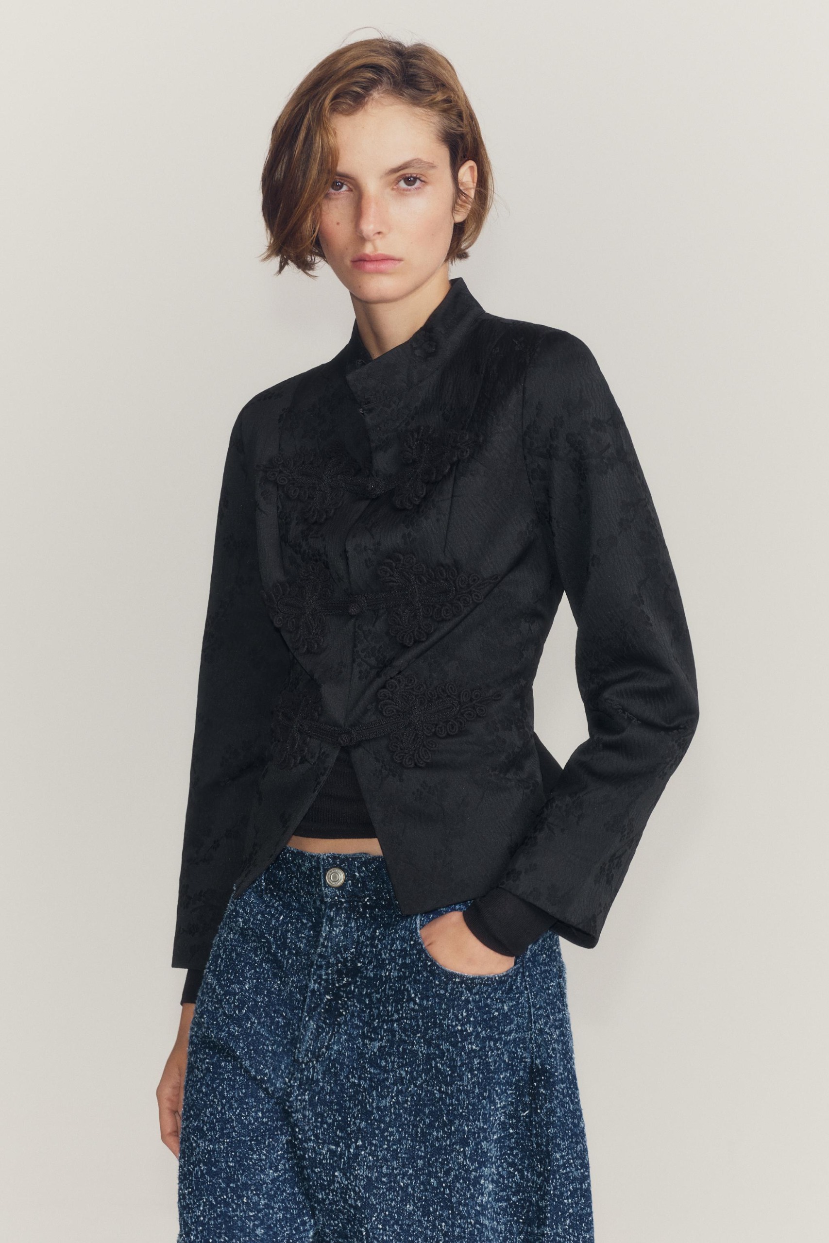 Zw Collection Jacquard Jacket With Frog Fastening - Black - Xs