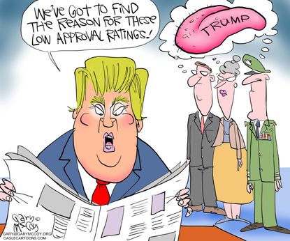 Political cartoon U.S. Trump tweets approval ratings