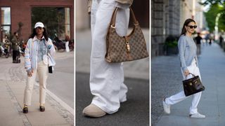 Three white jeans street outfits with clogs