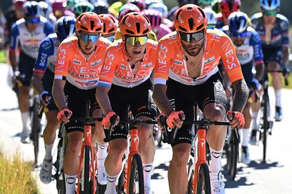 LOULE, PORTUGAL - FEBRUARY 22: (L-R) Bob Jungels of Luxembourg and Filippo Ganna of Italy and Team INEOS Grenadiers compete during the 52nd Volta ao Algarve em Bicicleta 2026, Stage 5 a 148.4km stage from Faro to Malhao - Loule 512m on February 22, 2026 in Loule, Portugal. (Photo by Dario Belingheri/Getty Images)
