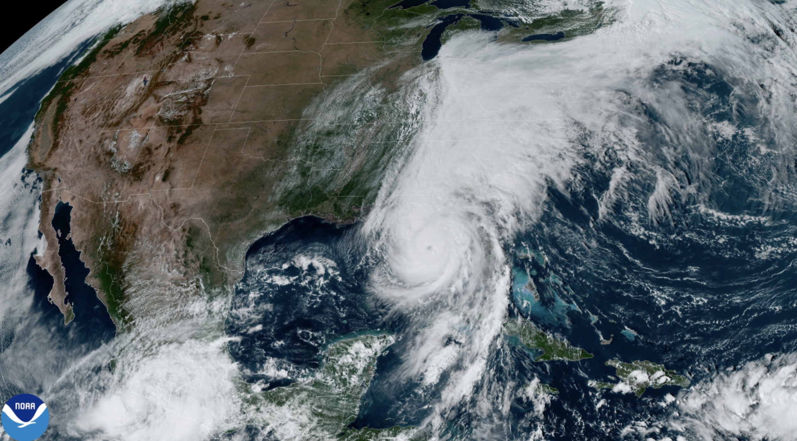 A satellite image of a large hurricane over the Southeastern United States
