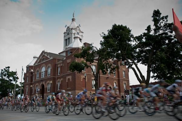 The bunch passes by the old courthouse in Savannah.