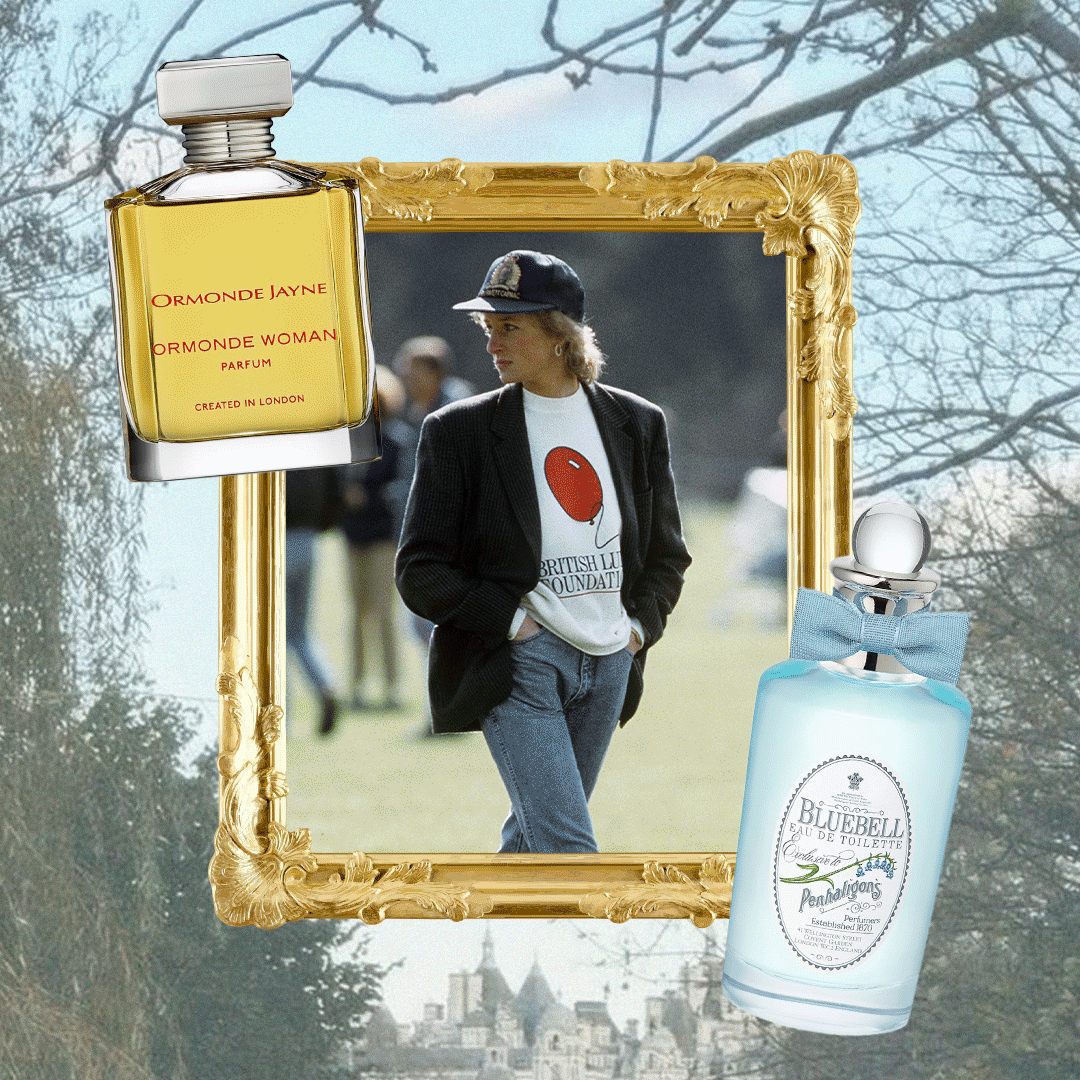 A gif of women plus Princess Diana shrouded in gold, ornate frames against a castle backdrop with perfume bottles overlaid.