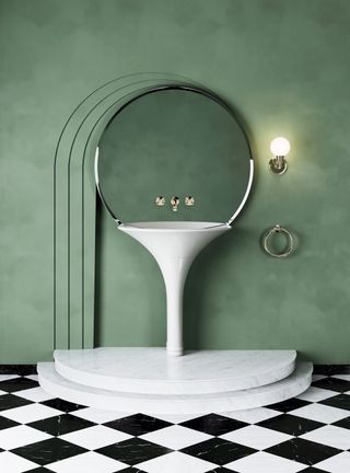 Green bathroom with black and white flooring and basin