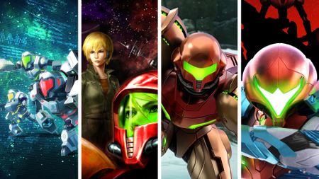 Split image showing screenshots from various Metroid games.