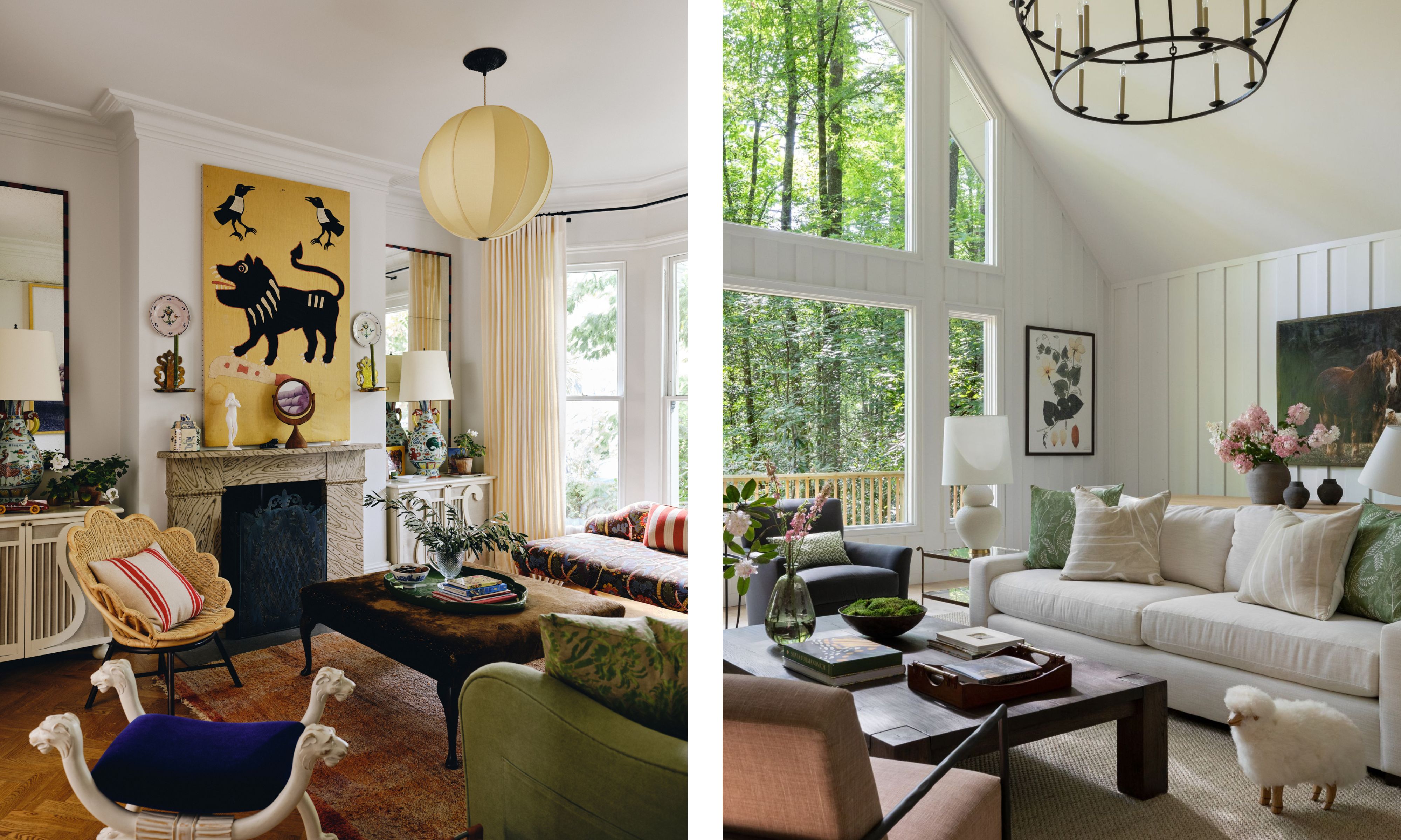 two side by side neutral living rooms designed by interior designers