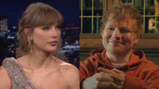 From left to right: Taylor Swift looking to her right on The Tonight Show and Ed Sheeran smiling with his hands clasped around his knee.
