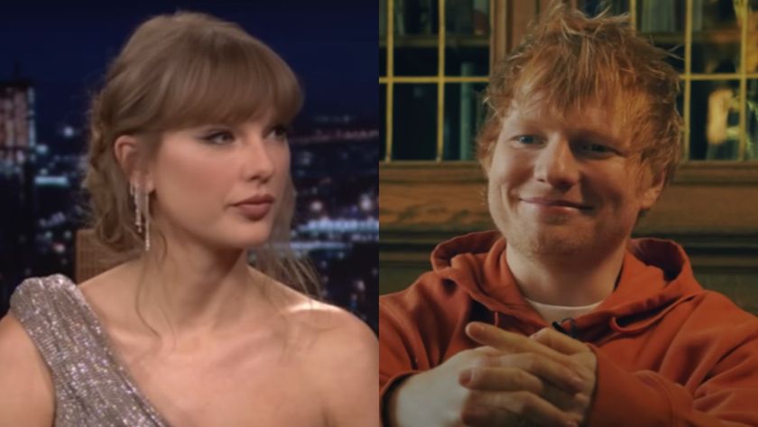 From left to right: Taylor Swift looking to her right on The Tonight Show and Ed Sheeran smiling with his hands clasped around his knee. 