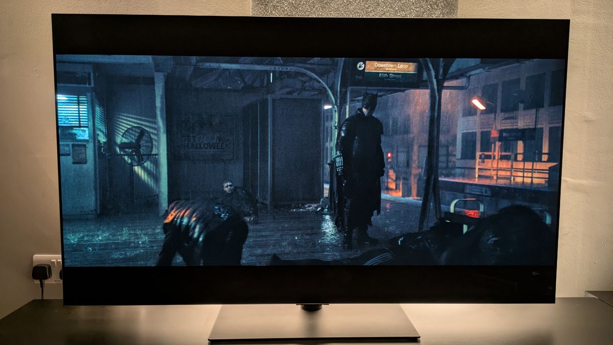A shot of the subway fight scene from The Batman in Dolby Vision Filmmaker mode in ambient lighting conditions