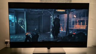 A shot of the subway fight scene from The Batman in Dolby Vision Filmmaker mode in ambient lighting conditions