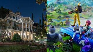 Disneyland's Haunted Mansion and Fortnite characters sitting on a car with guns