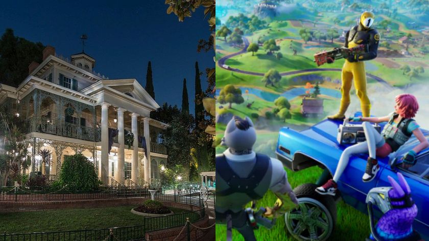 Disneyland&#039;s Haunted Mansion and Fortnite characters sitting on a car with guns