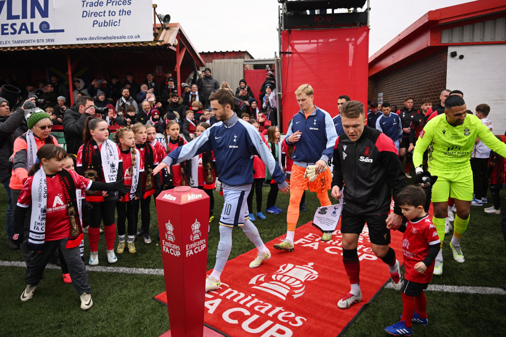 TAMWORTH, ENGLAND - JANUARY 12: James Maddison of Tottenham Hotspur leads the team out prior to the Emirates FA Cup Third Round match between Tamworth and Tottenham Hotspur at The Lamb Ground on January 12, 2025 in Tamworth, England. (Photo by Michael Regan/Getty Images)