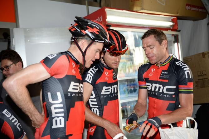 Former World champion Cadel Evans with his BMC teammates